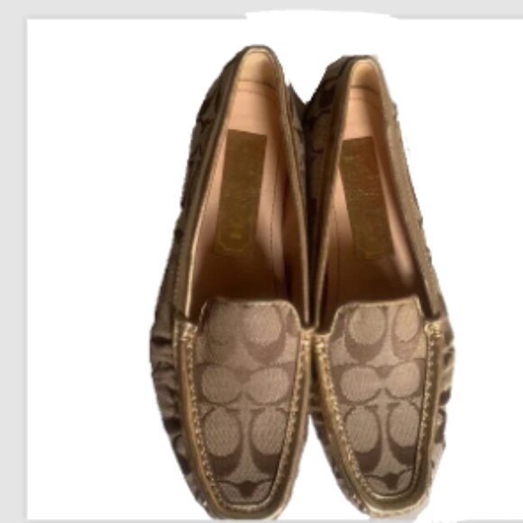 Y2K COACH SIGNATURE SUMMER FLATS DRIVING LOAFERS 6M MONOGRAM JACQUARD GOLD KHAKI - Picture 5 of 14